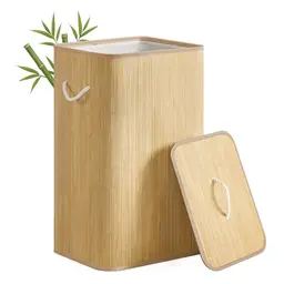 SONGMICS Wäschekorb mit Deckel, 90 L, faltbar, naturfarben, herausnehmbarer Wäschesack