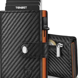 TENBST Herren Geldbörse mit Münzfach und RFID Schutz, Slim Wallet aus Leder, 10 Kartenfächer - Schwarz & Orange