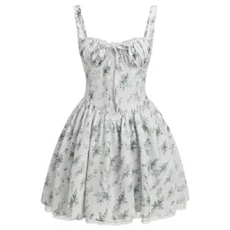 Odizli Damen Sommer Kleid Elegant Sexy Ärmellos Spaghettiträger Blumenkleid Spitze Minikleid Hochzeitsgast Cottagecore Weiß Grün M