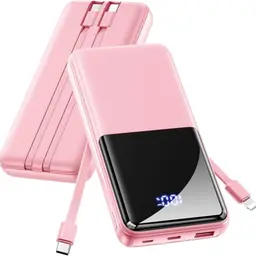 Powerbank 15.000 mAh, Pfirsichrosa, mit integrierten USB-C- und iOS-Kabeln