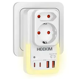 heekim LED-Nachtlicht Steckdose mit 2 USB-A, 2 USB-C und 2 Steckdosenadapter
