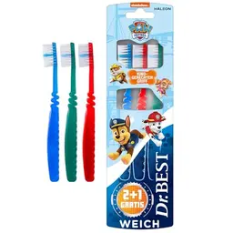 Dr. BEST Paw Patrol Zahnbürste, Weich (2 Stück + 1 Gratis), kindgerechter Griff