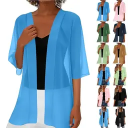 Damen Bolero Jacke Chiffon Sommerstrickjacke 3/4 Ärmel Boho Strand Kimono Transparent