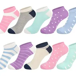 Softcozy Damen Crew Socken, 10 Paar mit bunten Streifen, Punkten und Herzen, atmungsaktiv und weich, perfekte Geschenkidee, Einheitsgröße