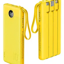 VRURC 10000mAh Powerbank mit Kabel - Tragbares Ladegerät mit 5 Ausgängen, LED Display, Kompatibel mit iPhone & Samsung - Gelb