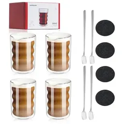 GARPROVM 4er Set Espressotassen aus Glas, Doppelwandig, Latte Macchiato Gläser mit 4 Löffel und 4 Untersetzer