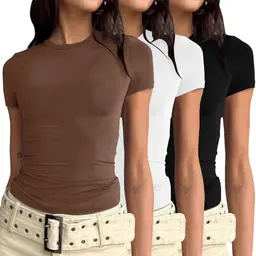 3er Pack Damen Basic Kurzarm T-Shirts, Slim Fit, Rundhals, Cropped, Einfarbig, Casual Streetwear