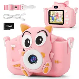 FIVAVA Kinderkamera 1080P mit 32GB, Digitalkamera für Jungen und Mädchen, Rosa Dinosaurier