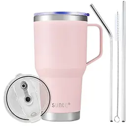 SUNTQ 30oz Tumbler mit Griff - Wiederverwendbare Kaffeetasse mit Stroh und Deckel - Doppelwandige Edelstahl-Tasse (Rosa)