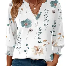 Rapbin Damen Bluse 3/4 Ärmel Sommer Top Lässig Blumenmuster (XXL, Weiß Blau)