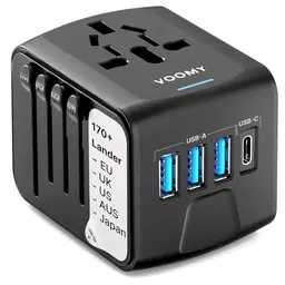 VOOMY Reiseadapter weltweit mit 3 USB-Ports und 1 AC Steckdose für Europa, USA, Mexiko, Australien und Thailand
