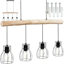 tectake® Pendelleuchte, 4-flammig, Schwarz mit Holzbalken, Industrial Style, Wohnzimmer-, Esszimmer-, Flurlampe, Hängelampe für Esstisch