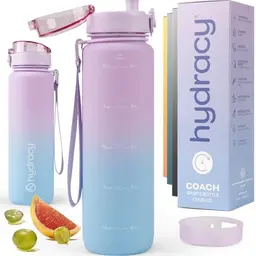 Hydracy 1L Trinkflasche mit Fruchteinsatz, auslaufsicher, BPA-frei, mit Zeitmarkierung, für Sport & Outdoor, Farbverlauf Flieder Blau
