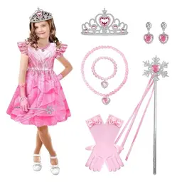 AENEY Glinda-Kostüm für Kinder, 7-teilig, Hexenkleid mit Zauberstab, Feenkrone und Handschuhen, für Halloween und Partys (XS/5–6 Jahre)