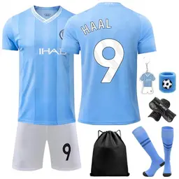 Kinder Fußball Kostüm Set mit T-Shirt, Hose und Zubehör - Blau (24)