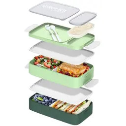 Brotdose mit Fächern - 1600ml Lunchbox für Erwachsene, BPA-frei, inklusive 80ml Saucenkasten (Grün)