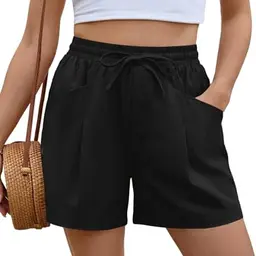 Damen Shorts Sommer Leinen Baumwolle High Waist Kurzhose Schwarz XXL