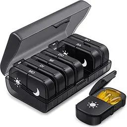 AUVON Tablettenbox 7 Tage, handliche Pillendose mit großen Fächern, Schwarz – Für Medikamente, Vitamine, Nahrungsergänzungsmittel
