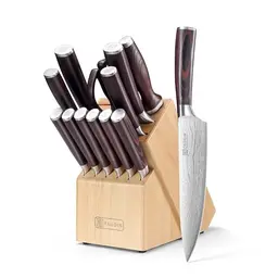 PAUDIN 14-teiliges Küchenmesser Set aus Edelstahl mit Holzblock, Wetzstahl und Schere, ideal für Haushalt und Profis