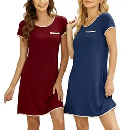 Ekouaer Damen Nachthemden 2er Pack Kurzarm Knielang Bequem Sommer Schlafshirt Weinrot und Marineblau