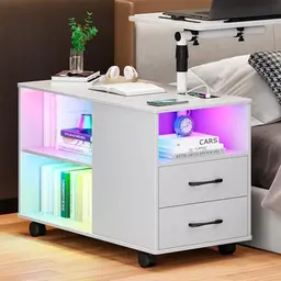 Lvifur LED Nachttisch mit Ladefunktion, 24 RGB Farben, verstellbarer Nachtschrank mit 2 Schubladen, drehbare Laptopablage (Weiß)