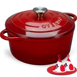 Overmont Gusseisen Schmortopf 26cm - Emaille Bräter mit Deckel - für Kochen und Braten, rot