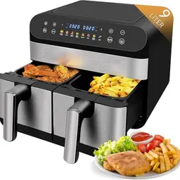 Jacgood 9L Heißluftfritteuse mit 2 Körben, 1800W, digitales Bedienfeld und 8 voreingestellten Menüs