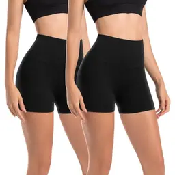 Leafigure Damen Radlerhose 2er Pack, Hochtaill, Sommer, Blickdicht, Sporthose, Yoga, Hotpants, Schwarz, SM