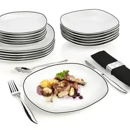 SÄNGER Bilgola Teller Set 18-tlg. Porzellan für 6 Personen, Spülmaschinenfest mit weißen Tellern und schwarzen Akzenten