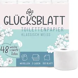 Glücksblatt Toilettenpapier Klassisch Weiß, 3-lagig, 48 Rollen, weiches Klopapier mit Glücks-Prägung