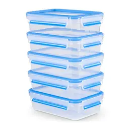 EMSA Clip & Close Frischhaltedosen-Set, 5 x 0,8 L, rechteckig, 100% dicht, transparent, blau, Made in Germany