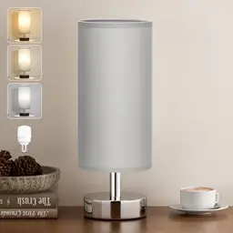 Kakanuo Kleine Nachttischlampe mit 3 Farbtemperaturen, Grauer Schirm und Silberner Sockel für Wohnzimmer und Schlafzimmer