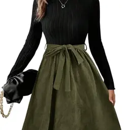 SweatyRocks Damen A-Linien Kleid mit Stehkragen, Knielang, Langarm, Gürtel, ideal für Herbst, Schwarz und Grün