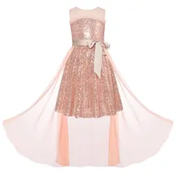 Mädchen Partykleid Zweiteiliges funkelndes Kleid mit Netzrock Roségold 6-7 Jahre