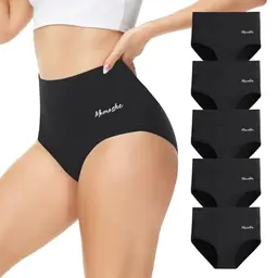 Momoshe Damen Bauchweg Unterhose Schwarz 5er Pack High Waist, Sport, Atmungsaktiv, Tanga, Menstruationsunterwäsche