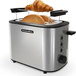KitchenBoss Toaster 2 Scheiben Edelstahl mit Brötchenaufsatz, 6 Bräunungsstufen und Auftaufunktion