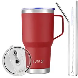 SUNTQ 30oz Tumbler mit Griff - Wiederverwendbare Kaffeetasse mit Deckel und Stroh - Edelstahl, rot
