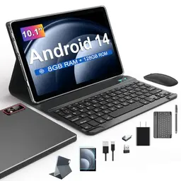 Android 14 10 Zoll Tablet PC (2024) mit 8GB RAM, 128GB Speicher, 5G WiFi, 7000mAh Akku, Bluetooth 5.0, schwarz, inklusive Tastatur und Stift