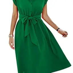 Damen Sommerkleid, Kurzarm, Wickel-Design, V-Ausschnitt, Gürtel, A-Grün, Midilänge, Lässig und Elegant