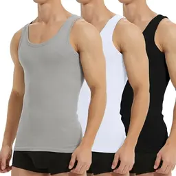 Falechay Herren Tank Top 3er Pack Baumwolle ärmellos, Muskelshirt, Sportunterhemd, Schwarz Weiß Grau, Größe L