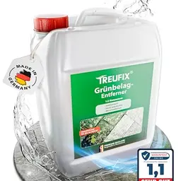 Treufix Grünbelagentferner & Moosentferner Konzentrat 5L - Effektiver Steinreiniger für Pflastersteine und Terrassen