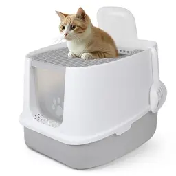 CALIYO Katzenklo mit Deckel - Geschlossen, Anti-Geruch für große Katzen bis 7,5 kg (Grau-Weiß, 51×45×40 cm)
