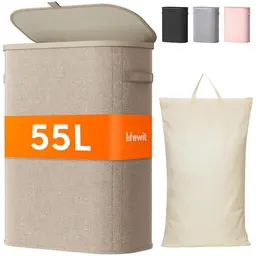 Lifewit Wäschekorb mit Deckel, 55L faltbarer Wäschesammler, Wäschebox für Schlafzimmer und Bad, Beige