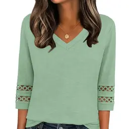 Zeagoo Damen Bluse V-Ausschnitt 3/4 Ärmel Tunika Sommer Shirt Hellgrün L