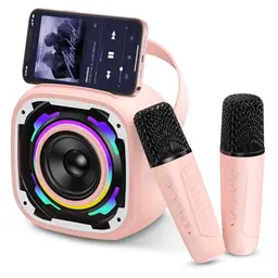 Karaoke Maschine für Kinder mit 2 Mikrofonen, tragbare Bluetooth Box mit Licht & Voice Changer, rosa