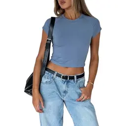 OYIGELZ Damen Sommer T-Shirt Kurzarm Slim Fit (Nebel Blau, Größe L)