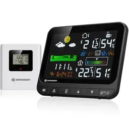 Bresser Funkwetterstation mit Farbdisplay für Innen und Außen, Temperatur, Luftfeuchtigkeit, Wettervorhersage, Frostalarm