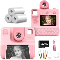 Kinderkamera 1080P 24MP mit 10X Vergrößerung und drehbarem Objektiv, 2.4" Digitalkamera für Kinder, inkl. 3 Rollen Papier & 32GB Karte
