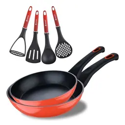 BERGNER Classique 2er Set Bratpfannen 20 und 24 cm mit Utensilienset - Antihaftbeschichtet, für alle Herdarten, Rot