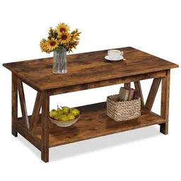 WLIVE Rechteckiger Couchtisch aus Holz mit offenem Fach, V-Streben, vintagebraun-schwarz für Wohnzimmer und Schlafzimmer
